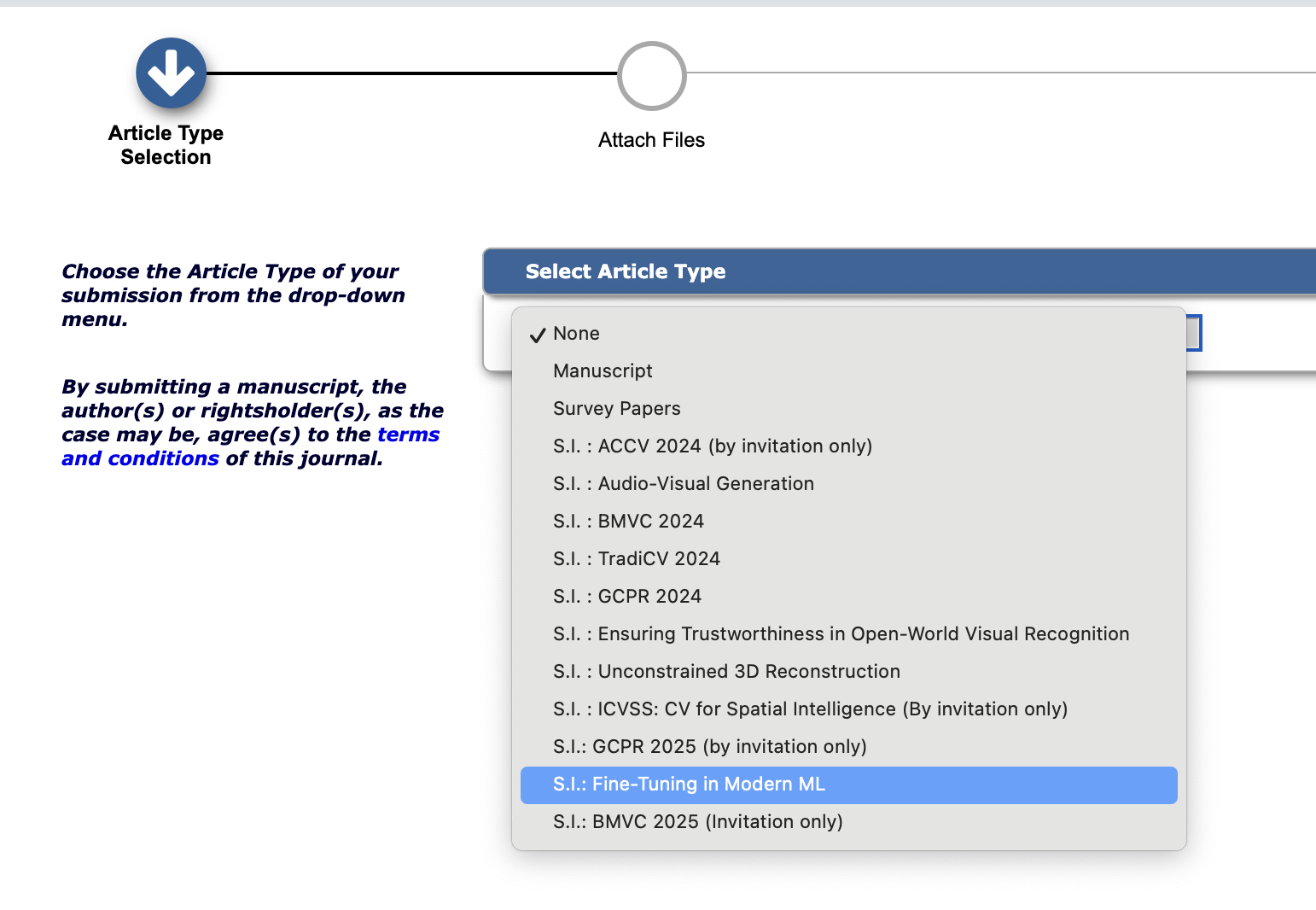 Screenshot of the Article Type dropdown highlighting 'S.I.: Fine-Tuning in Modern ML'